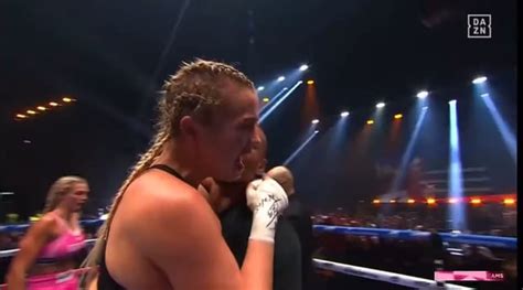 Womens boxer flashes the crowd after her first win